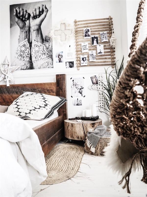 sodobno boho elegantno vzdušje v beli sobi, opremljeni z lesenim pohištvom in dodatki iz rastlinskih vlaken