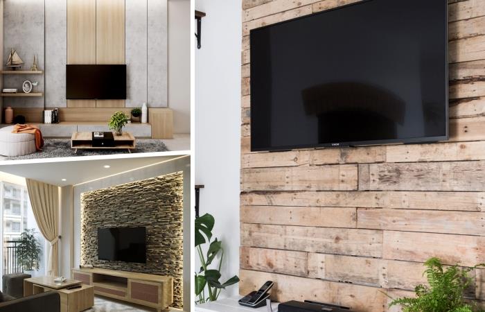 tv arkasında duvar dekorasyonu ahşap kaplama taş siding tasarımı modern oturma odası ahşap mobilya