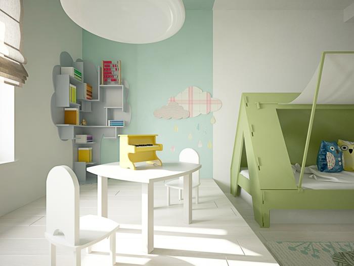 beyaz ve pastel yeşil duvarlı çocuk odası, beyaz mobilya, çatılı ev şeklinde reseda yatak, beyaz ve mignonette halı, tasarım duvar dekorasyonu