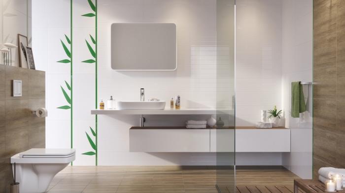 beyaz ve ahşaptan modern duşa sahip banyo fikirleri, bir zen banyosunda hangi renklerin birleştirileceğine dair bir örnek