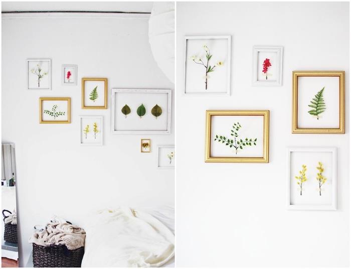 boş bir duvarda yapraklı ve bitki dallı çerçeveli yatak odası duvar dekorasyonu, doğa zen ruhu dekoru, manuel bahar etkinliği