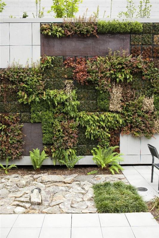 izvirna stenska dekoracija za dvorišče ali vrt, zunanja rastlinska stena iz čilijevega mahu sfagnuma z rastlinami različnih barv in tekstur