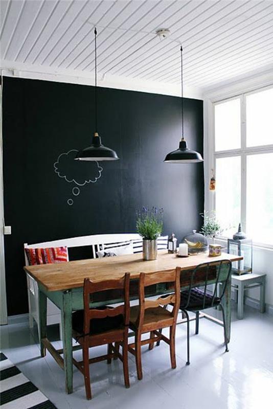 duvar-dekor-yemek odası-siyah-duvarlar-ahşap-mobilya-gri-boyalı-zeminler