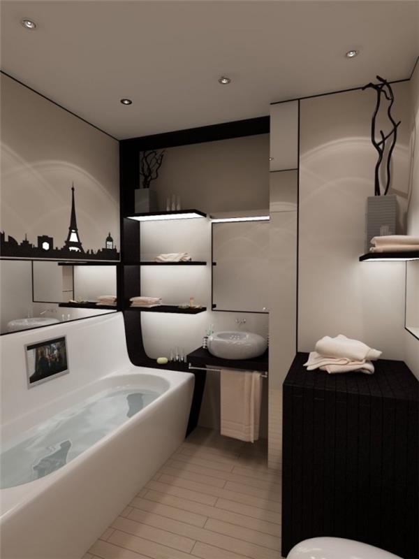 postavitev kopalnice za majhen prostor s stenskim skladiščenjem črne kotne police z osvetlitvijo