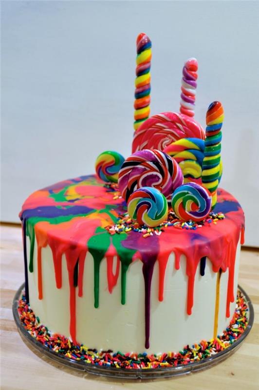 idėja originalaus dizaino tortui su vaivorykštės tekančiu apledėjimu, dekoruotu spalvingomis ledinukėmis