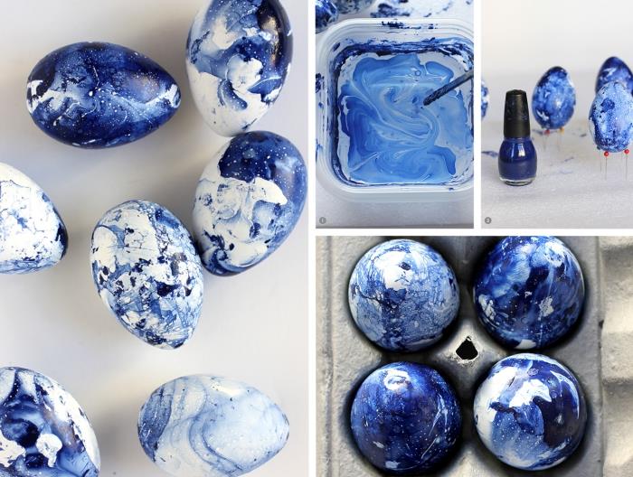 idėja „pasidaryk pats“ Velykoms su indigo atspalvio nagų laku, kaip dažyti tamsiai mėlynos spalvos marmuro dizaino kiaušinius