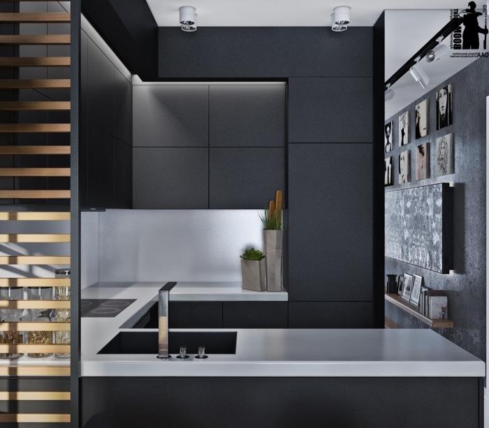 küçük çağdaş u-şekilli mutfak, kulpsuz mat siyah mobilya ile beyaz ve siyah mutfak dekorasyon fikri
