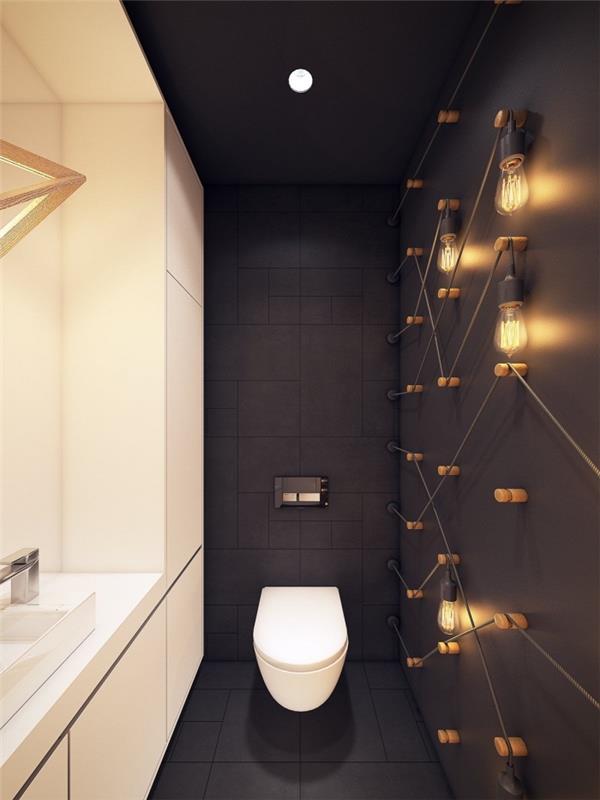 kaip sutvarkyti ilgio vonios kambarį, šiuolaikišką interjero dizainą su matinėmis juodomis sienų plokštėmis