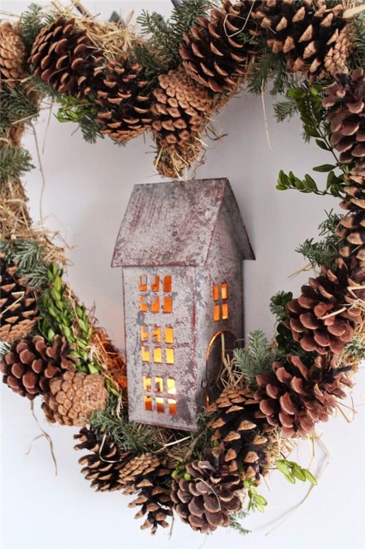 kako narediti lepo božično okrasitev vrat, enostaven božični primer DIY, božični venec DIY z borovimi storži