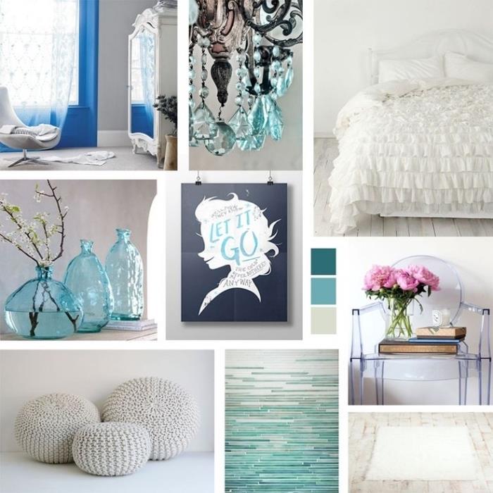 kız yatak odası dekoru, kitaplar ve çiçeklerle küçük şeffaf sandalye, kar kraliçesi yatak odası için renk paletleri