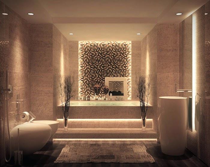 Zen banyo, yuvarlak klozet, duş, yumuşak halı, mozaik, asma tavan