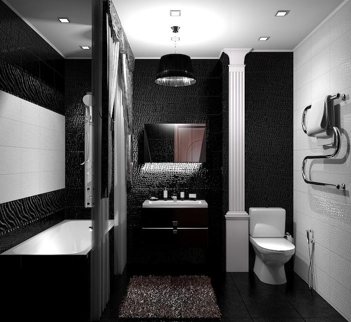 banyo fikirleri, beyaz ve siyah dekor, siyah fayans, beyaz tavan, dikdörtgen ayna, banyo dekorasyonu