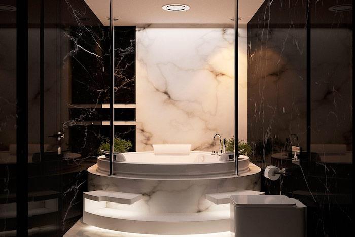 tasarımcı banyo, beyaz ve siyah dekor, oval mermer küvet, beyaz klozet