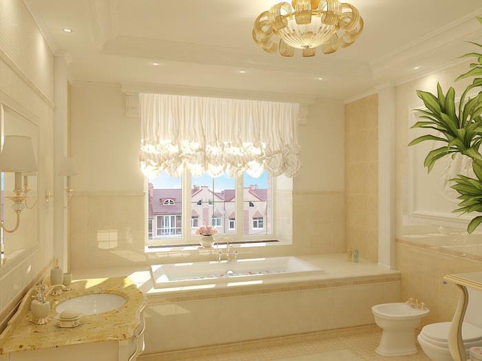 modern banyo, nötr renkler, pembe çiçek buketi, bej fayanslar, alçı süslemeli tavan