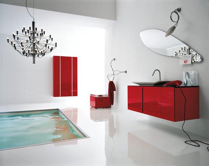modern banyo, beyaz fayans, seramik lavabo, kırmızı havlu, ayna, havluluk