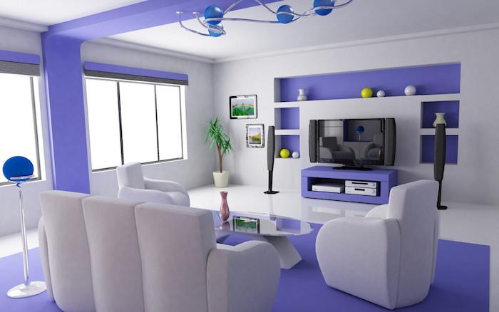modern iki tonlu oturma odası modeli, minimalist oturma odası, oturma odası için beyaz ve mor dekor