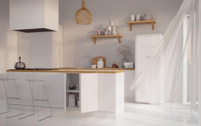 postavitev kuhinje, zasnova kuhinje v beli in leseni barvi z osrednjim otokom in kovinskimi barskimi stoli