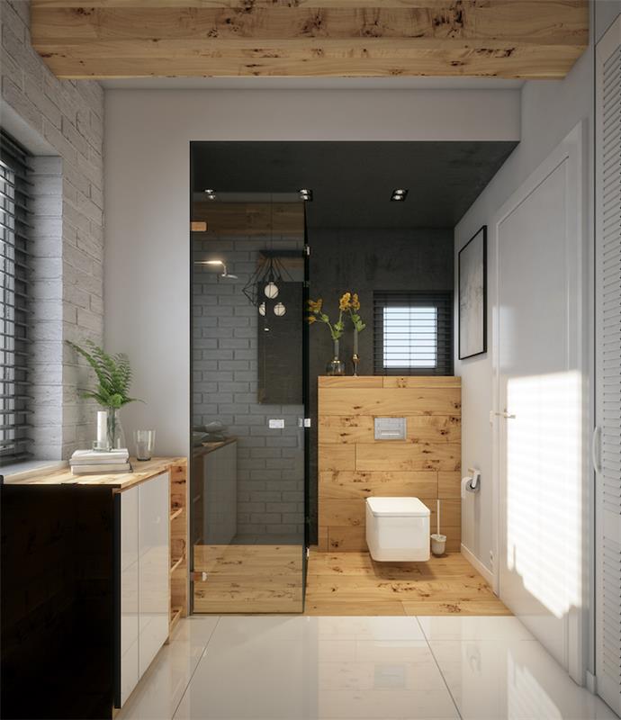 Lepa lesena kopalniška omarica, čudovita lesena in bela dekoracija kopalnice, naj bo vse preprosto