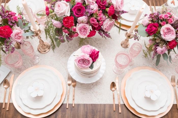 kokios spalvos romantiškai ir stilingai suaugusiųjų gimtadienio stalo dekoravimui, balto ir rožinio aukso stalo dekoravimui