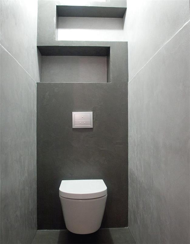 izvirne ideje za dekoracijo stranišča z enotnimi stenami in tlemi v betonski barvi