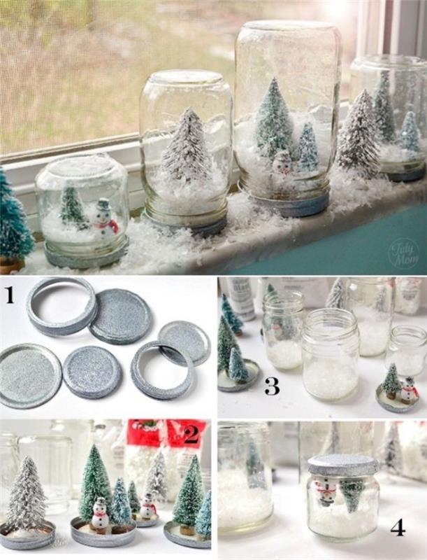„Pasidaryk pats“ kalėdinės dekoracijos su perdirbtais stikliniais indeliais ir dekoratyvinėmis eglutėmis, originali kalėdinė puošmena palangėms puošti