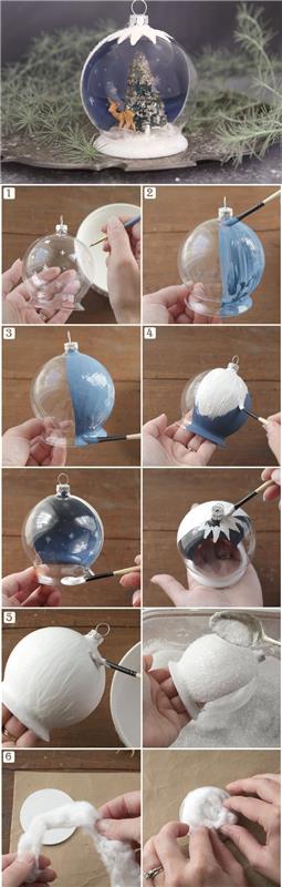 ideja za ročno izdelano božično dekoracijo, ki predstavlja polprozorno snežno kepo z barvo snežnega učinka, z božičnimi figuricami po vsem svetu