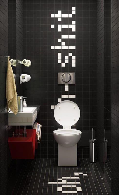 decorazioni-bagno-originali-piastrelle-nere-scritta-bianca-mobili-design-moderno-lavabo-sospeso-accessori-stile-minimal