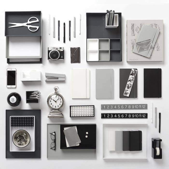 pisarniški material, sivo -črni namizni organizator za dodatke, dnevnik v različnih odtenkih