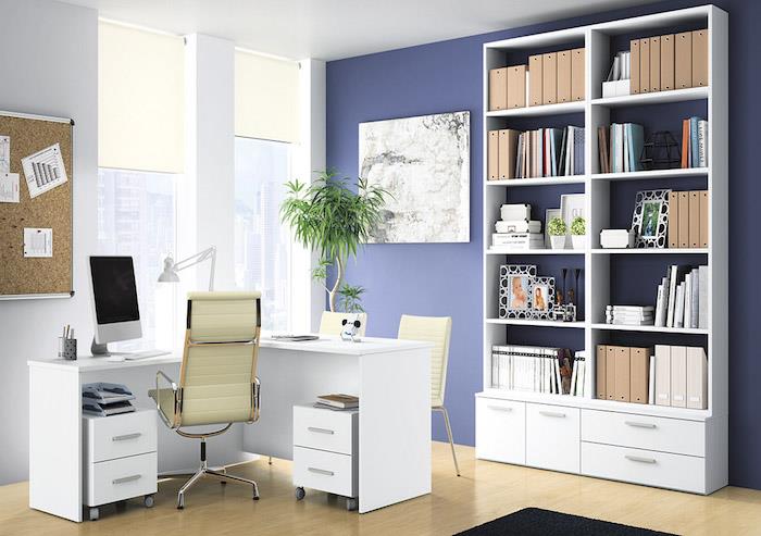 pisarniška oprema, delovni prostor z belimi in modrimi stenami z lesenimi tlemi, pastelno roza veziva za papir