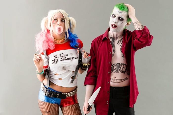 toksiška ir bauginanti meilė, amerikietė Harley Quinn ir Džokerio kostiumas, siaubinga dueto kostiumo idėja