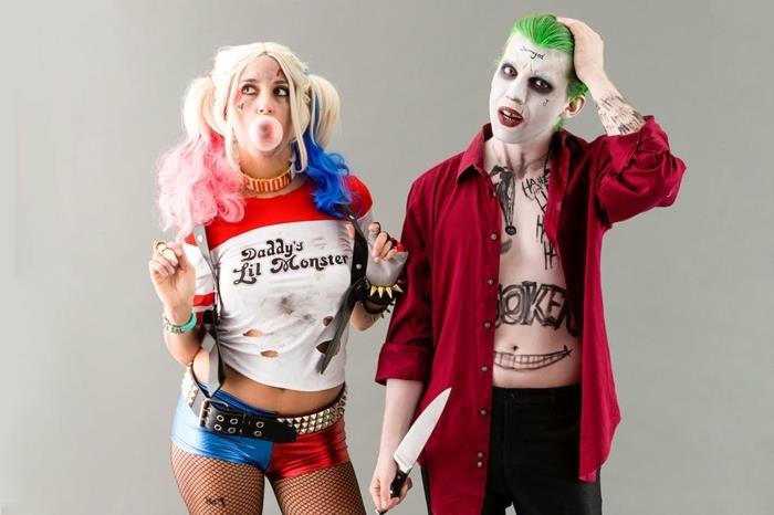toksiška ir bauginanti meilė, amerikietė Harley Quinn ir Džokerio kostiumas, siaubinga dueto kostiumo idėja