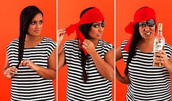 zamisel o piratskem kostumu, ki ga naredite sami, ženski piratski kostum, sestavljen iz črtaste majice, piratskega obliža za oči in rdečega šala