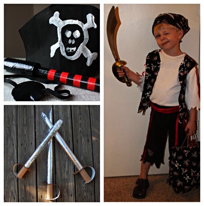 Piratski kostum DIY za otroke s piratskimi pripomočki DIY, piratski meč iz kartona, ki ga naredite sami