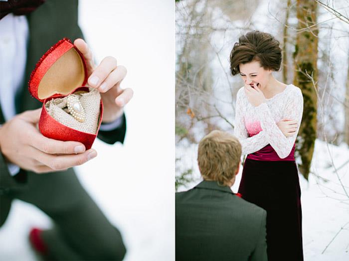 izvirna poročna ponudba, zimska pravljica v gozdu, moška in ženska noša bela in rdeča obleka, rdeča škatla v obliki srca