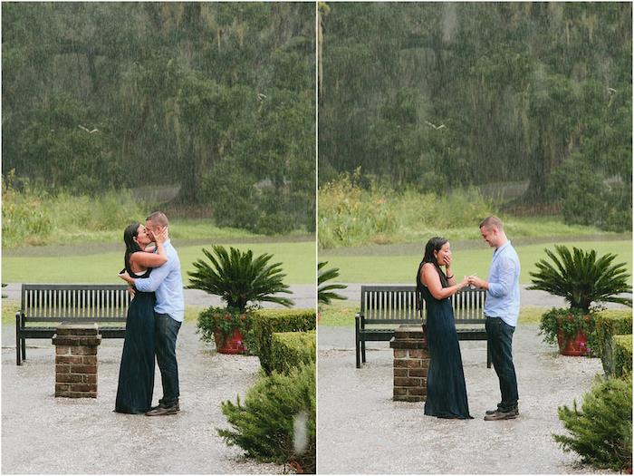 presenetljiva poročna ideja v dežju sredi parka v eksotični državi se je preselila ženska