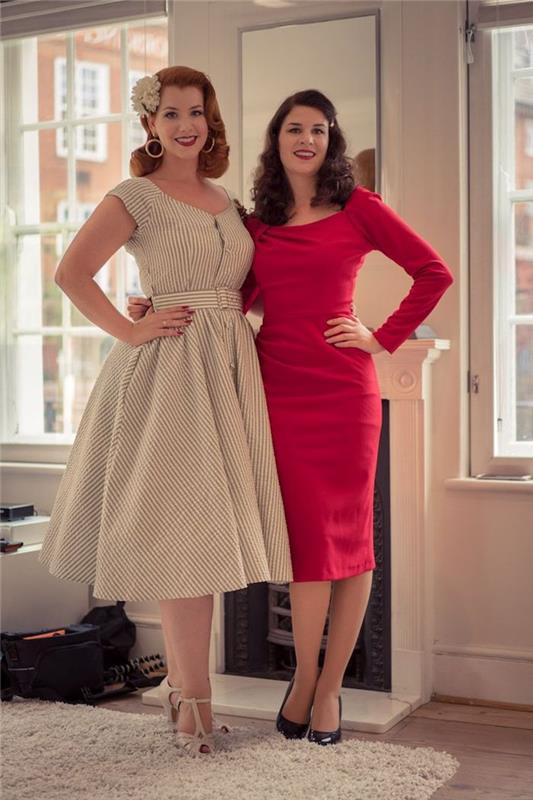 Dve prijateljici v starinskih oblekah, v slogu peščenih ur in obleki 50-ih letnic, rdeča obleka Bodycon, prvotna poročna obleka