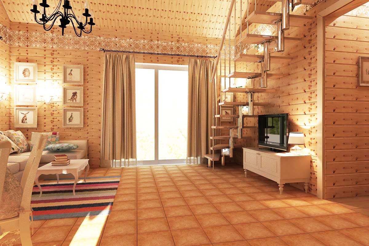 medinis namas su aukštomis lubomis