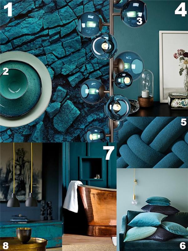 dekoratyvinis aksesuaras, skirtas pristatyti mėlyną naftos spalvą su smulkiais prisilietimais, mėlynos atspalvio pagalvėlės, anties mėlyna siena, šviestuvas, mėlyni baldai