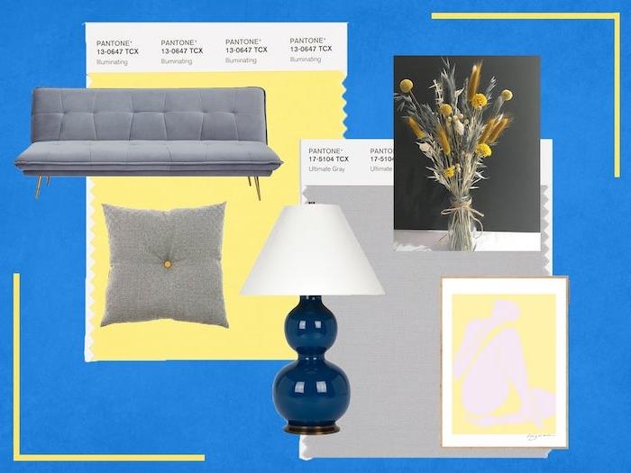 pantone gri bir kanepe ve minder ile yılın renklerinde farklı mobilyalar ve sarı unsurlarla tablolar