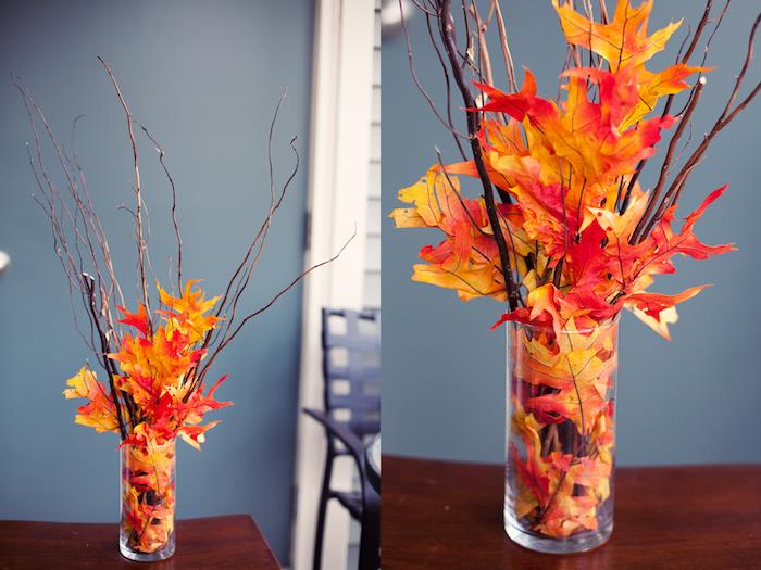 ideja kompozicija okrasni osrednji del, steklena vaza napolnjena z odpadlim listjem in vejicami, jesenski dekor naredite sami