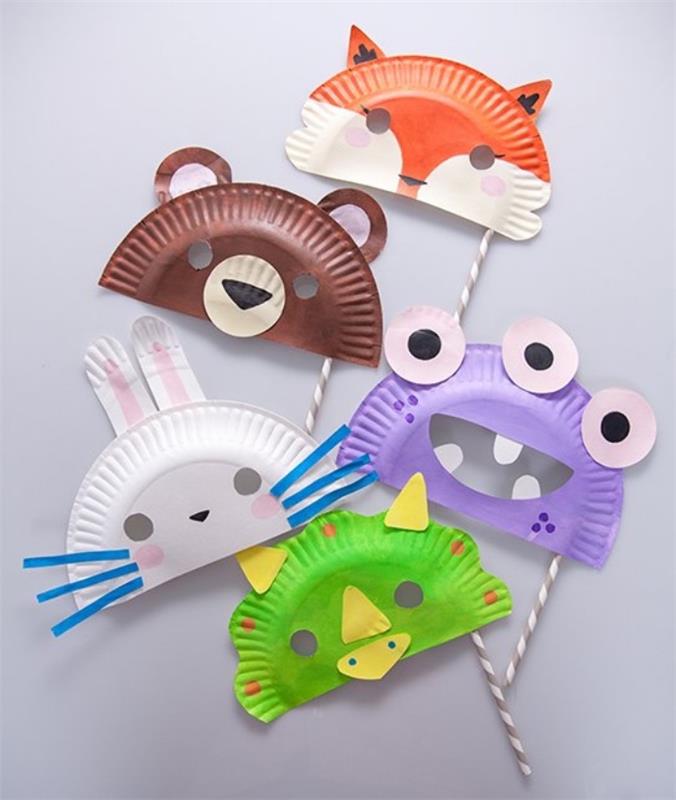 kağıt tabak hayvan maskesi, tilki, tavşan, tavuk, canavar, yavru ayı, kağıt yüz özellikleri, kolay çocuk zanaat