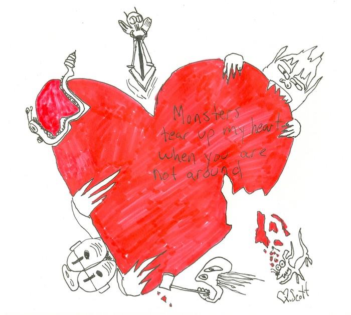 canavarlar tarafından kemirilen kırmızı kalp, grafik örneği ve kırmızı kendin yap çizimi, orijinal sevgililer günü resmi