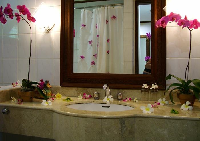 kambariniai žali augalai, fuksijos spalvos orchidėjos, kriauklė padengta smėlio spalvos plytelėmis, veidrodis su vyšnių spalvos mediniu rėmu, balta dušo užuolaida su azijietiškais orchidėjų raštais