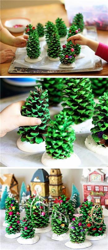 borovci, pobarvani-v-zeleni-barvi-okrasite-z-majhnimi kroglicami-različnih barv-božični okraski-naredite sami