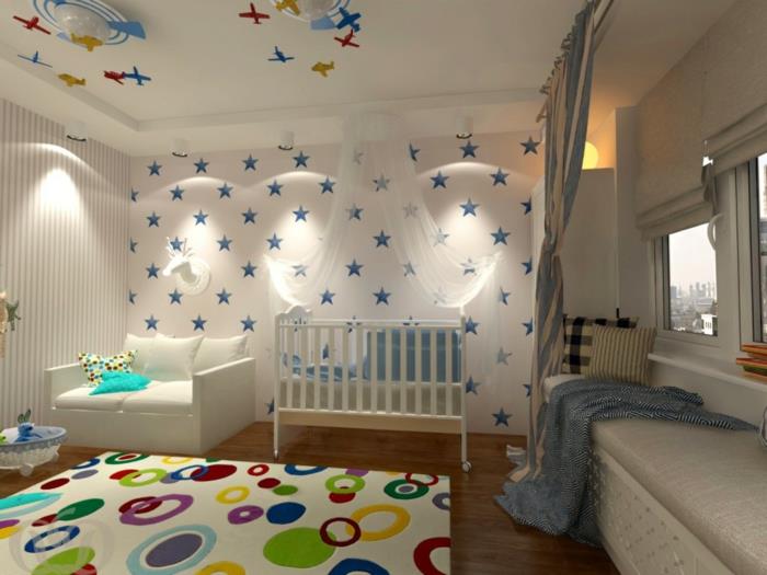 modra, bela in zelena spalnica, otroška spalnica za dečke, zvezde na beli steni
