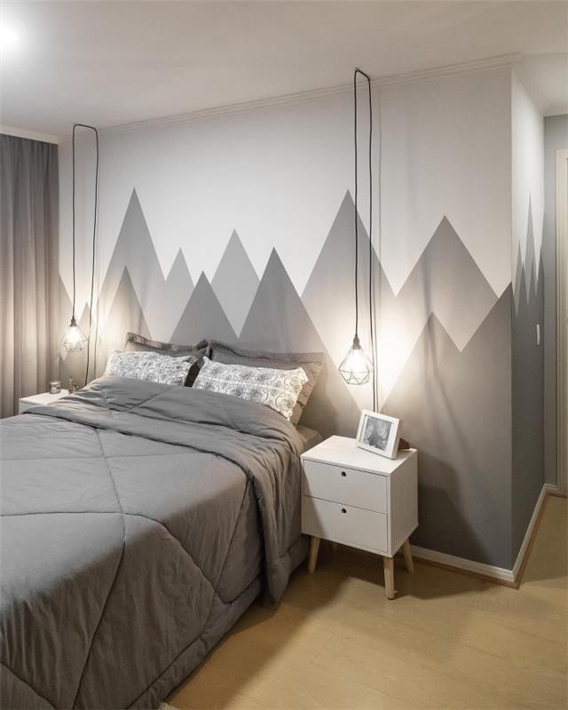 minimalistična zasnova spalnice lesena talna obloga bela nočna omara bela in črna okvir za fotografije dekor spalnice siva in bela barva