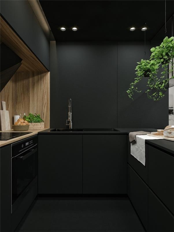siyah tezgah fikri, paralel küçük mutfak dekoru, küçük siyah ve ahşap mutfakta modern iç tasarım