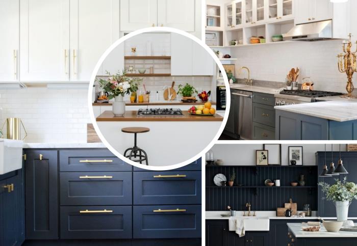 mutfak renk trendi 2020, altın kulplu ve lacivert cepheli beyaz üst ünitelere sahip L şeklinde mutfak düzeni