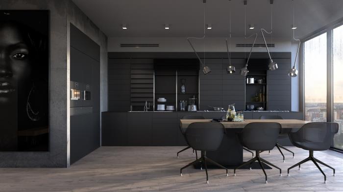 mat siyah mobilyalı kömür grisi ve ahşap mutfak modeli, modern tarz doğrusal mutfak dekorasyonu
