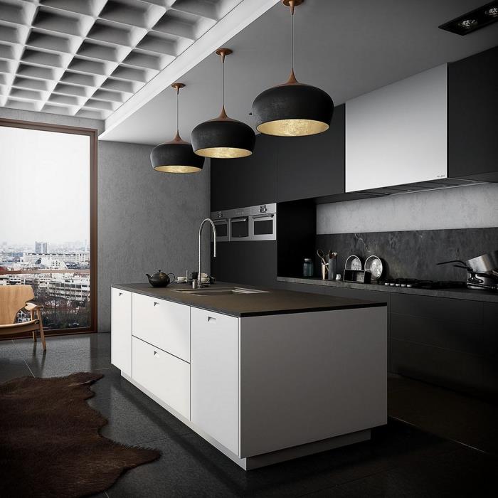 orta adalı modern lineer mutfak dekoru, beyaz ve siyah mobilyalı gri duvarlı mutfak modeli